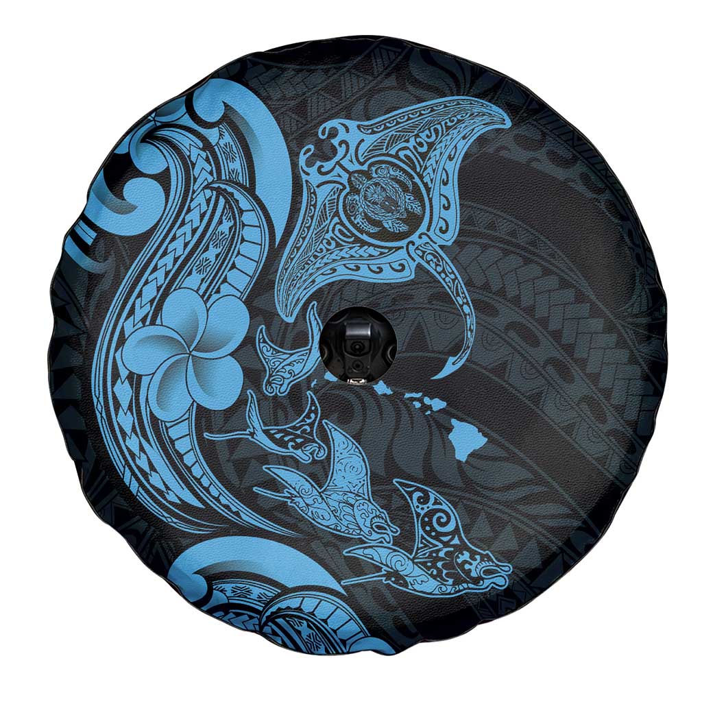 Hawaiian Manta Rays Spare Tire Cover Tribal Hibiscus Polynesian Tattoos Blue Color - Polynesian Pride