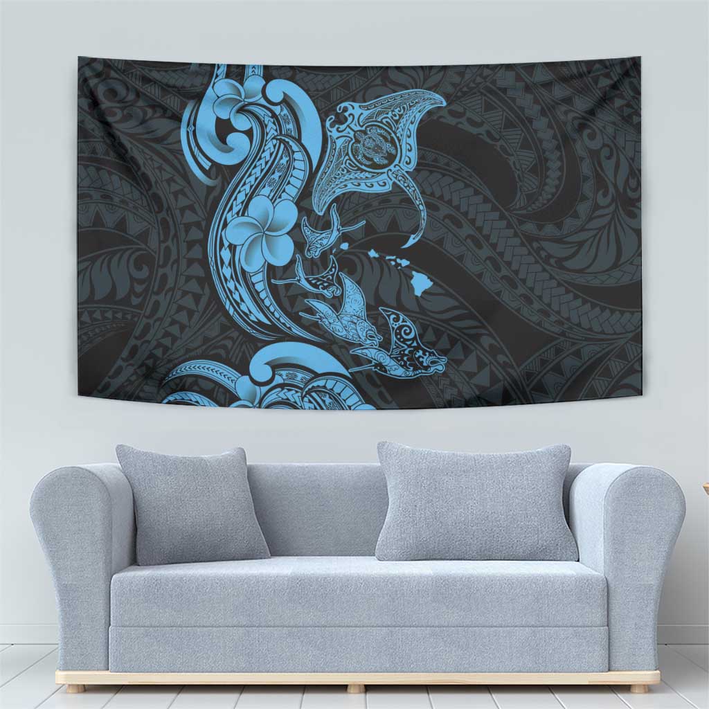 Hawaiian Manta Rays Tapestry Tribal Hibiscus Polynesian Tattoos Blue Color - Polynesian Pride