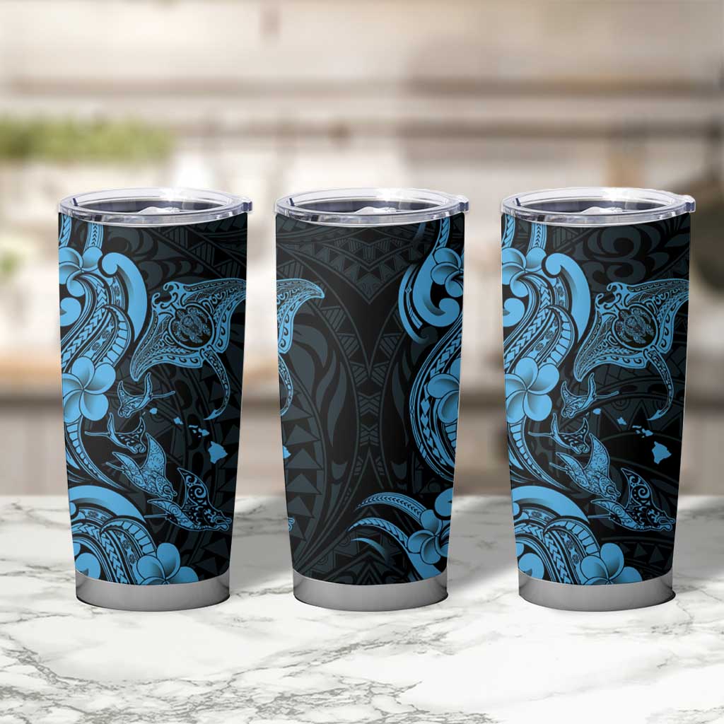 Hawaiian Manta Rays Tumbler Cup Tribal Hibiscus Polynesian Tattoos Blue Color - Polynesian Pride