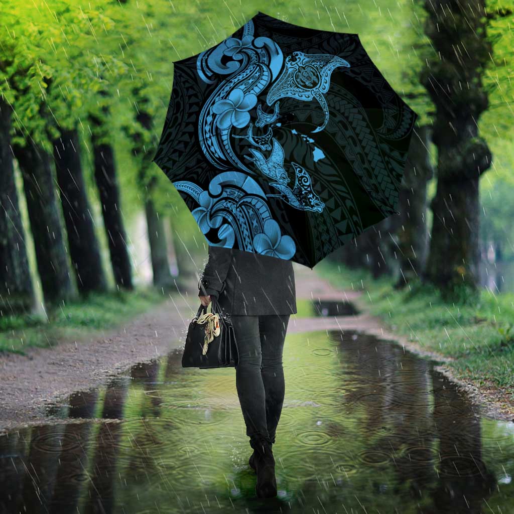 Hawaiian Manta Rays Umbrella Tribal Hibiscus Polynesian Tattoos Blue Color - Polynesian Pride
