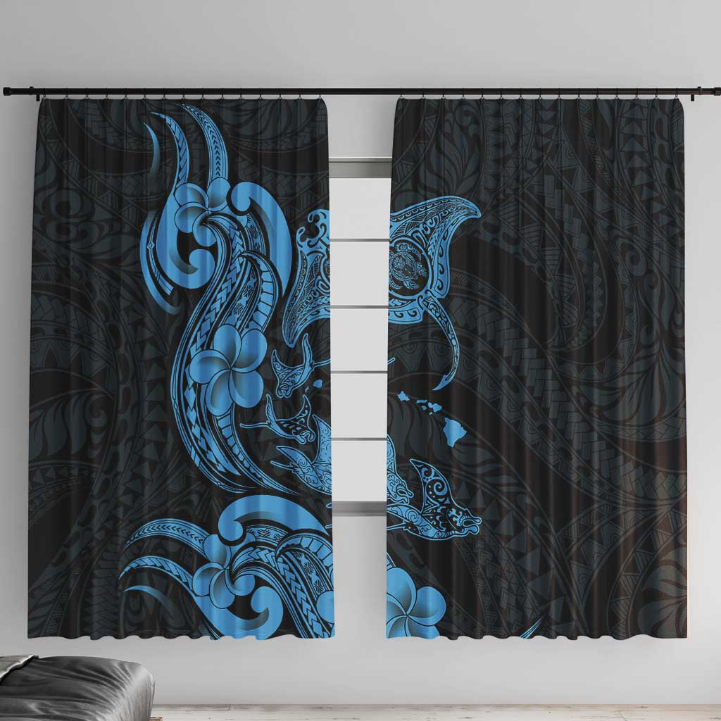 Hawaiian Manta Rays Window Curtain Tribal Hibiscus Polynesian Tattoos Blue Color - Polynesian Pride