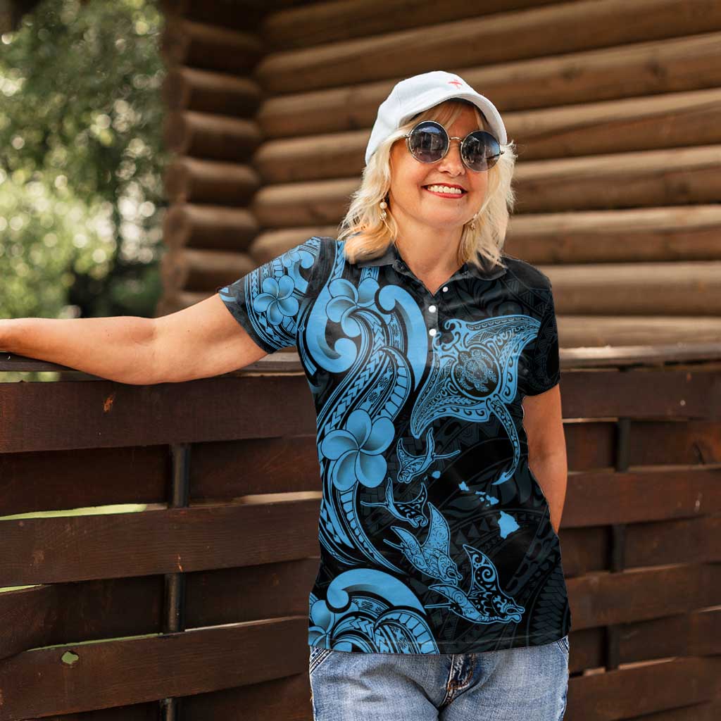 Hawaiian Manta Rays Women Polo Shirt Tribal Hibiscus Polynesian Tattoos Blue Color - Polynesian Pride