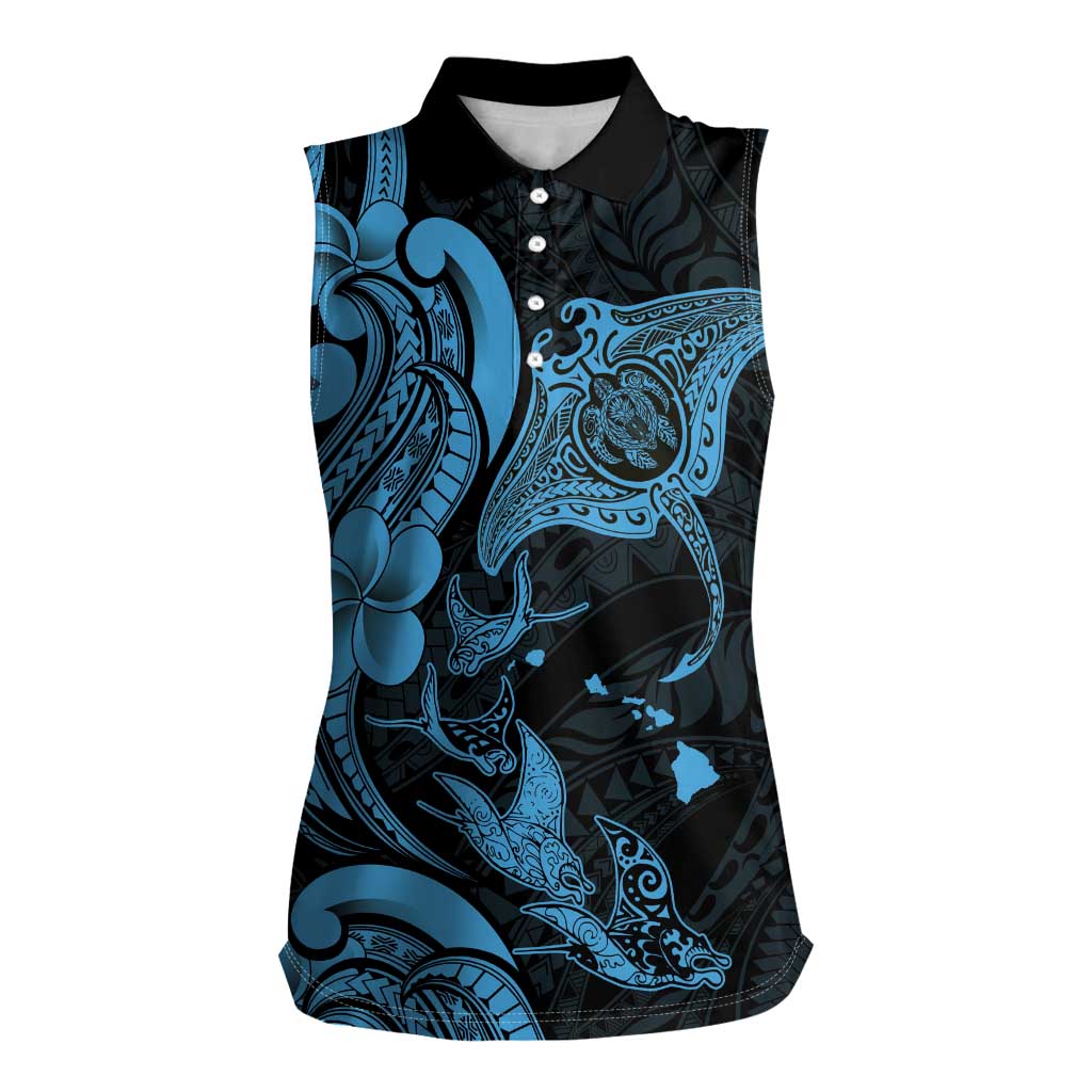 Hawaiian Manta Rays Women Sleeveless Polo Shirt Tribal Hibiscus Polynesian Tattoos Blue Color - Polynesian Pride