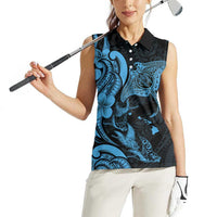 Hawaiian Manta Rays Women Sleeveless Polo Shirt Tribal Hibiscus Polynesian Tattoos Blue Color - Polynesian Pride