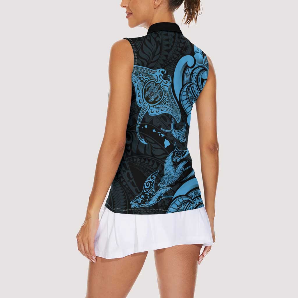 Hawaiian Manta Rays Women Sleeveless Polo Shirt Tribal Hibiscus Polynesian Tattoos Blue Color - Polynesian Pride
