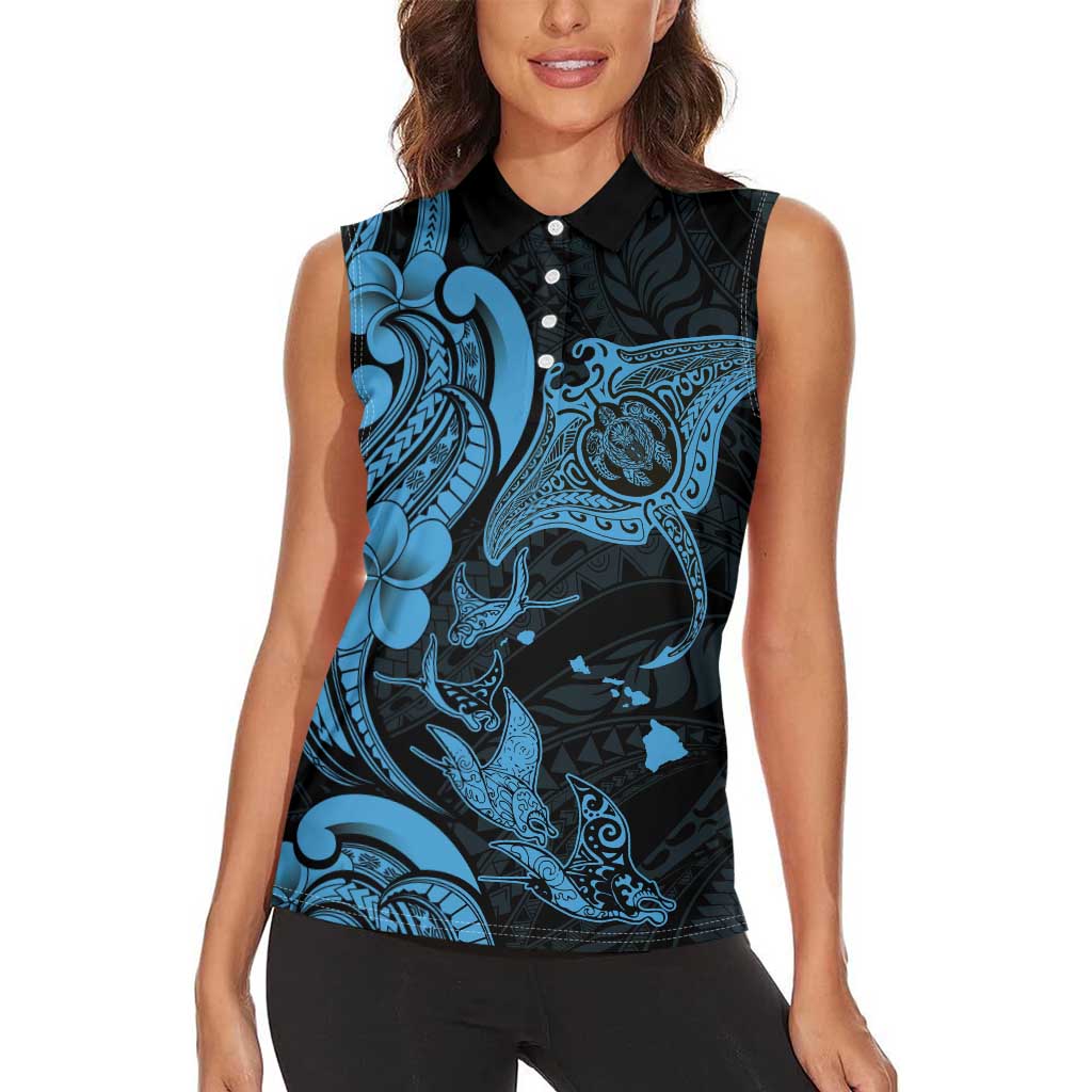 Hawaiian Manta Rays Women Sleeveless Polo Shirt Tribal Hibiscus Polynesian Tattoos Blue Color - Polynesian Pride
