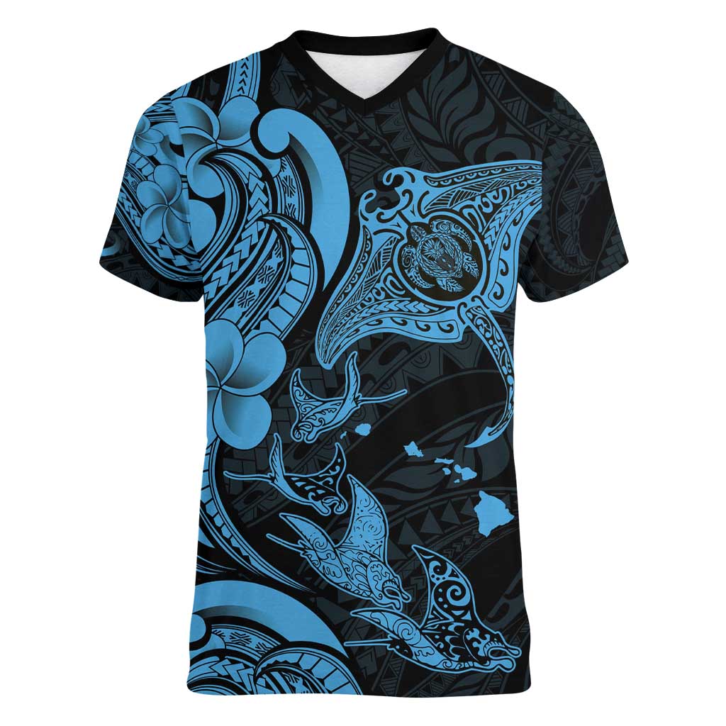 Hawaiian Manta Rays Women V-Neck T-Shirt Tribal Hibiscus Polynesian Tattoos Blue Color - Polynesian Pride