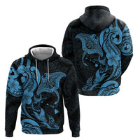 Hawaiian Manta Rays Zip Hoodie Tribal Hibiscus Polynesian Tattoos Blue Color - Polynesian Pride