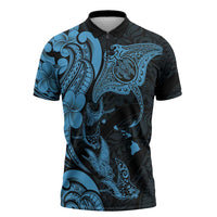 Hawaiian Manta Rays Zipper Polo Shirt Tribal Hibiscus Polynesian Tattoos Blue Color - Polynesian Pride