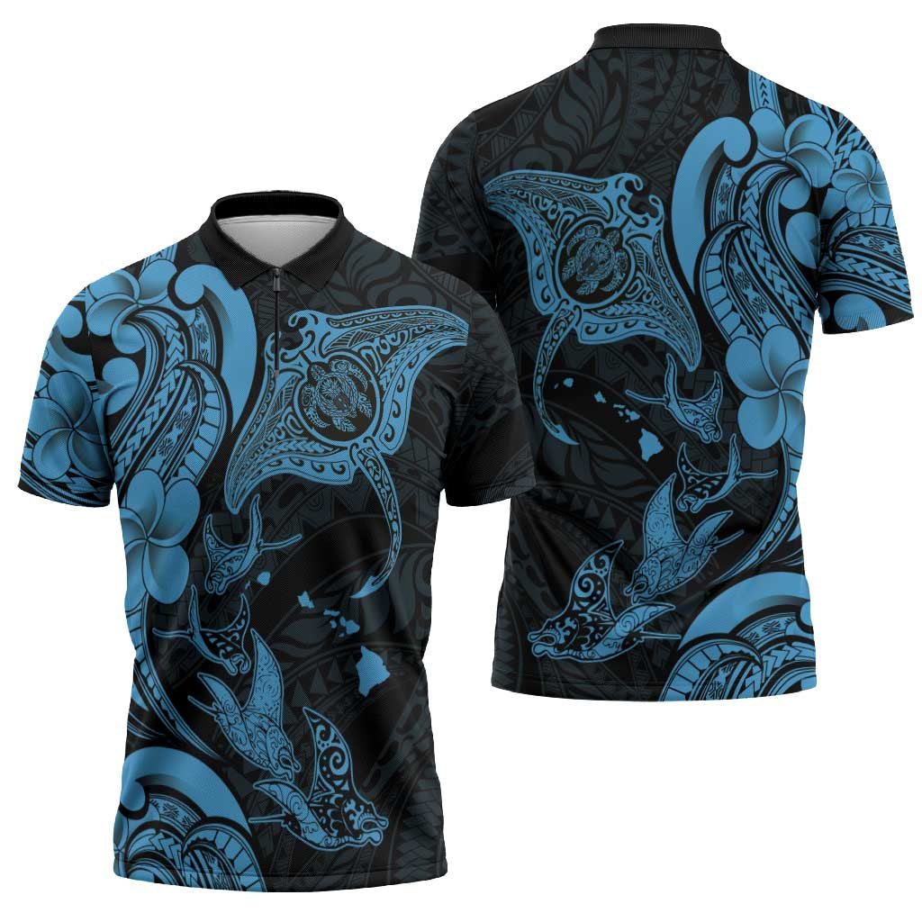 Hawaiian Manta Rays Zipper Polo Shirt Tribal Hibiscus Polynesian Tattoos Blue Color - Polynesian Pride