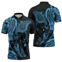 Hawaiian Manta Rays Zipper Polo Shirt Tribal Hibiscus Polynesian Tattoos Blue Color - Polynesian Pride