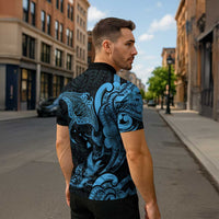 Hawaiian Manta Rays Zipper Polo Shirt Tribal Hibiscus Polynesian Tattoos Blue Color - Polynesian Pride