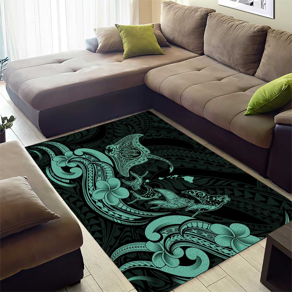 Hawaiian Manta Rays Area Rug Tribal Hibiscus Polynesian Tattoos Turquoise Color - Polynesian Pride