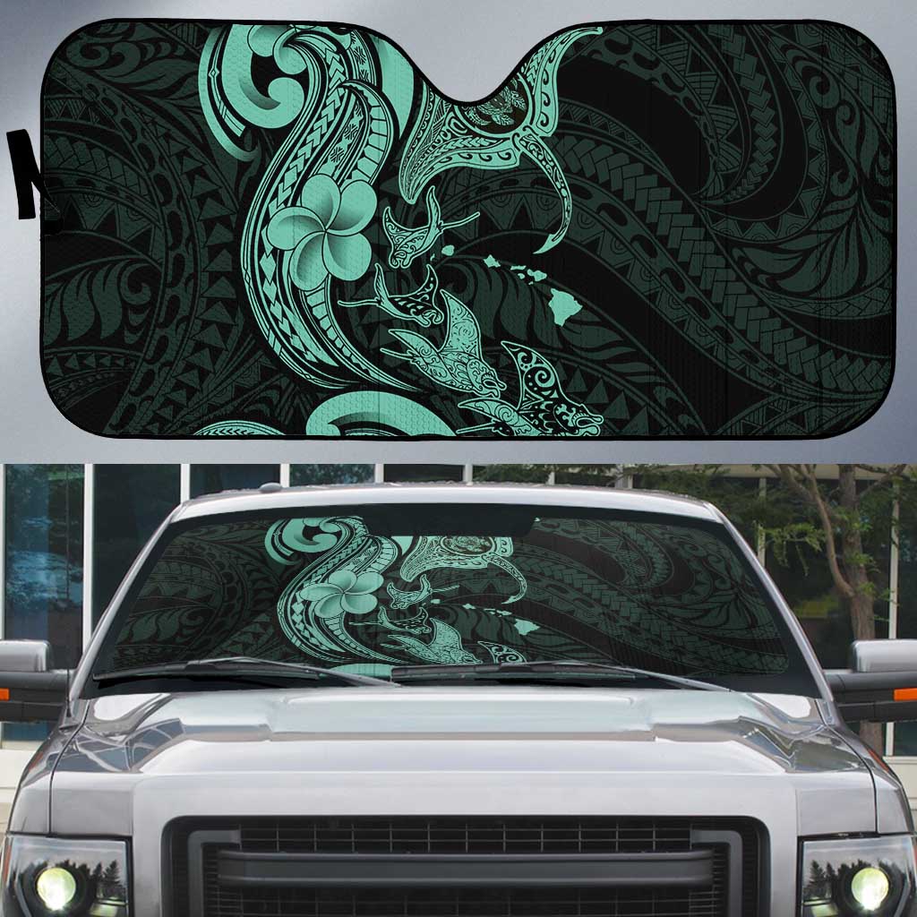 Hawaiian Manta Rays Auto Sun Shade Tribal Hibiscus Polynesian Tattoos Turquoise Color - Polynesian Pride