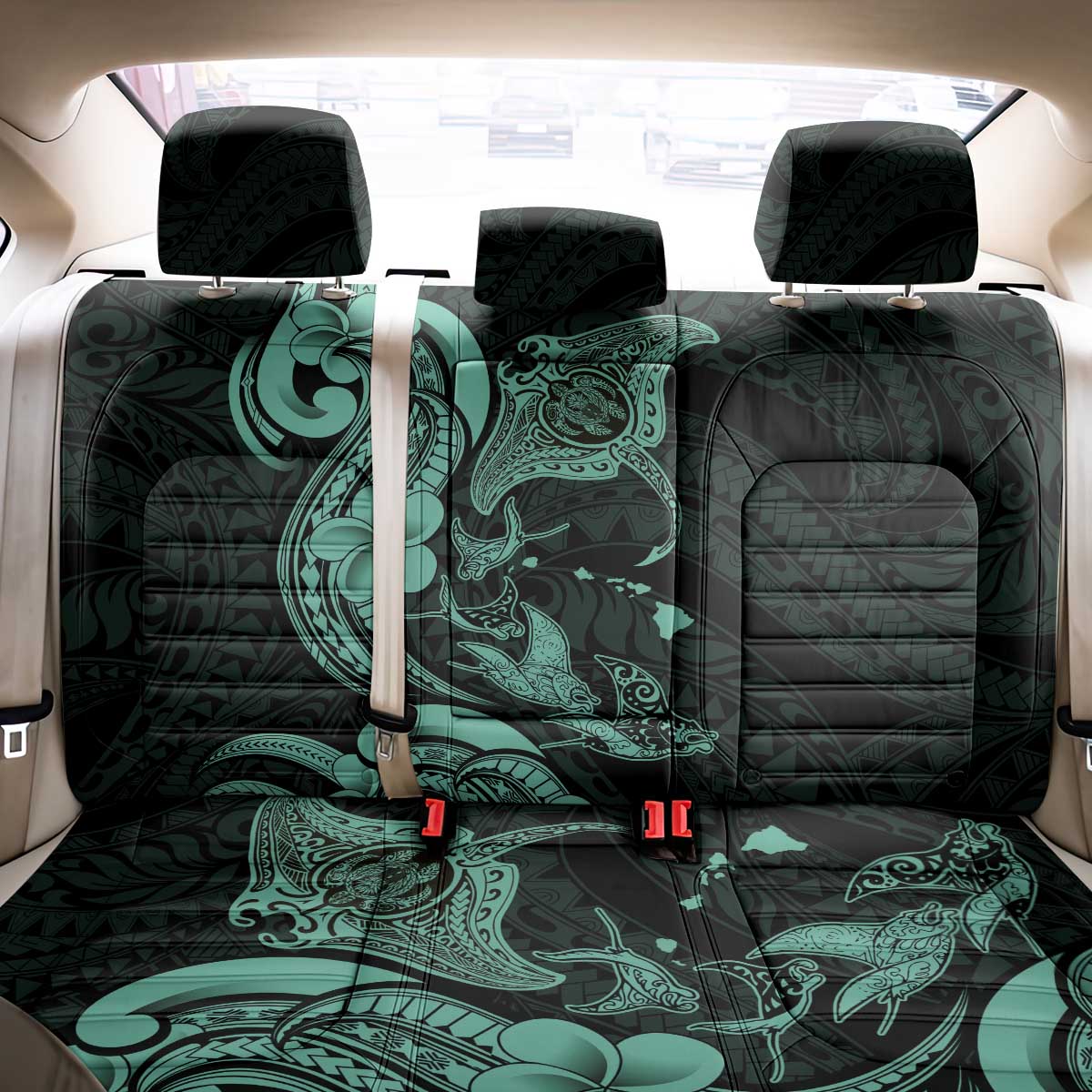 Hawaiian Manta Rays Back Car Seat Cover Tribal Hibiscus Polynesian Tattoos Turquoise Color - Polynesian Pride