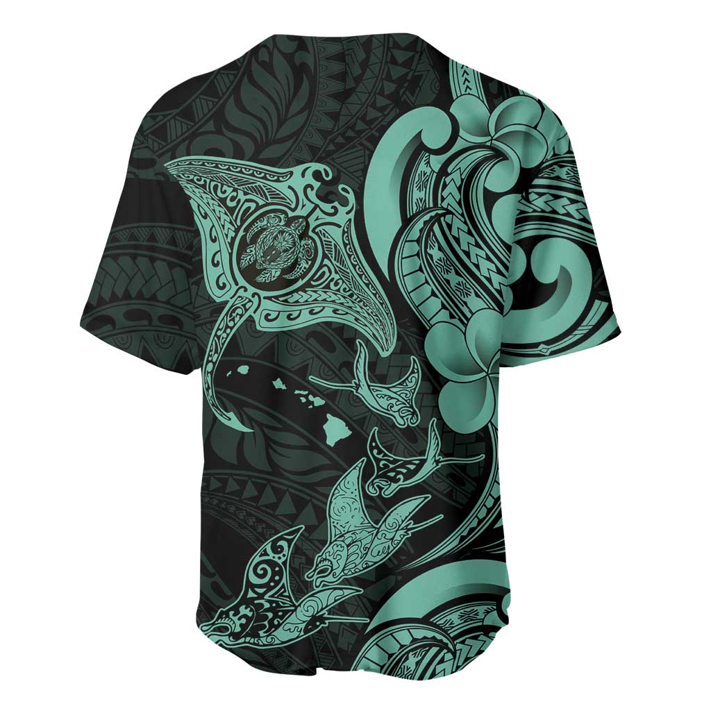 Hawaiian Manta Rays Baseball Jersey Tribal Hibiscus Polynesian Tattoos Turquoise Color - Polynesian Pride
