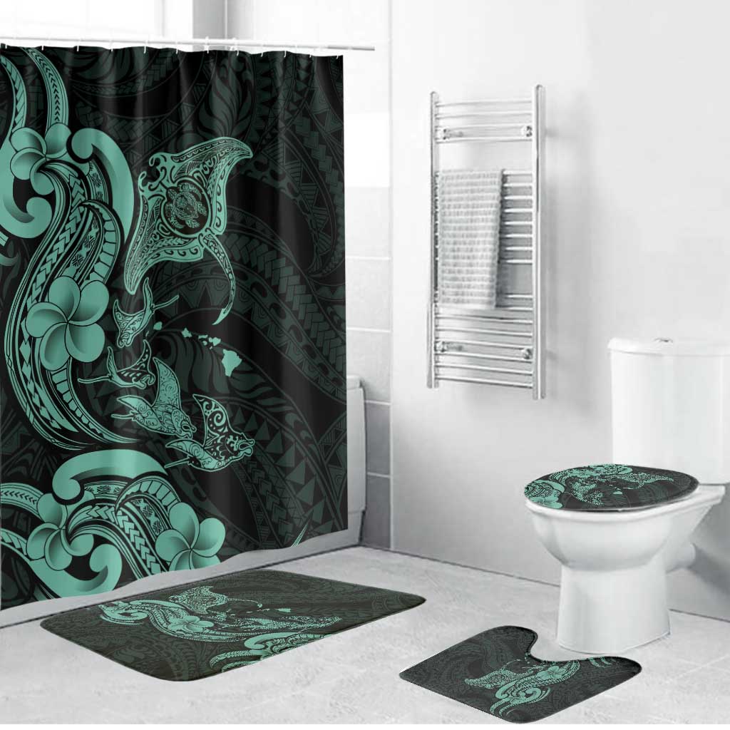 Hawaiian Manta Rays Bathroom Set Tribal Hibiscus Polynesian Tattoos Turquoise Color - Polynesian Pride