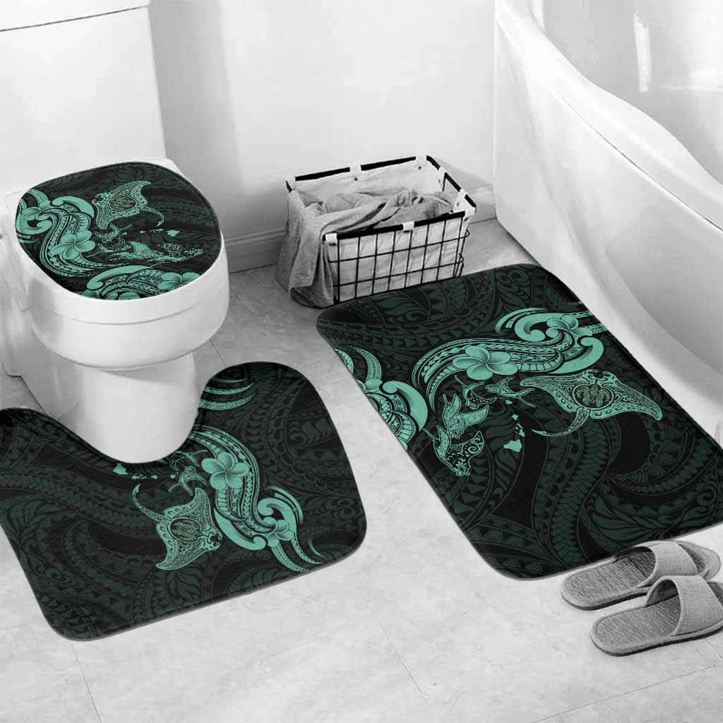 Hawaiian Manta Rays Bathroom Set Tribal Hibiscus Polynesian Tattoos Turquoise Color - Polynesian Pride