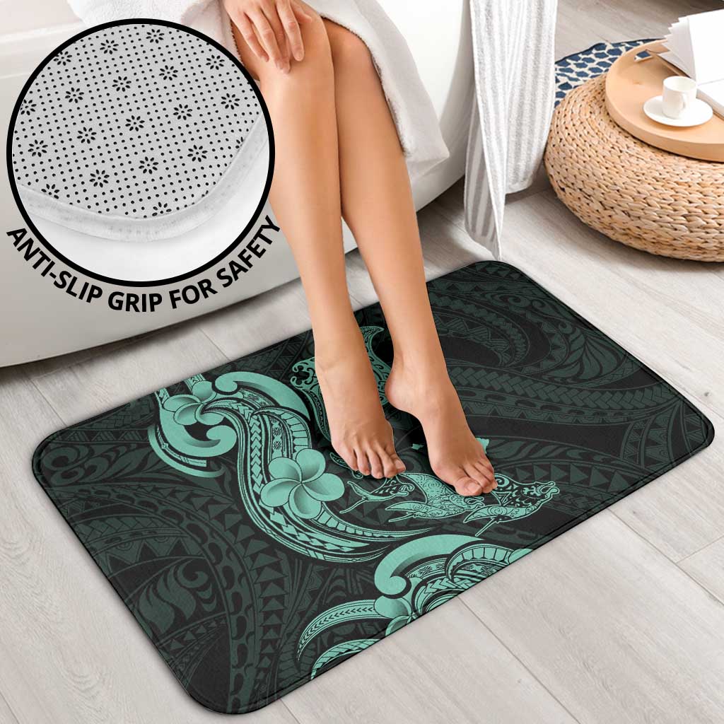 Hawaiian Manta Rays Bathroom Set Tribal Hibiscus Polynesian Tattoos Turquoise Color - Polynesian Pride