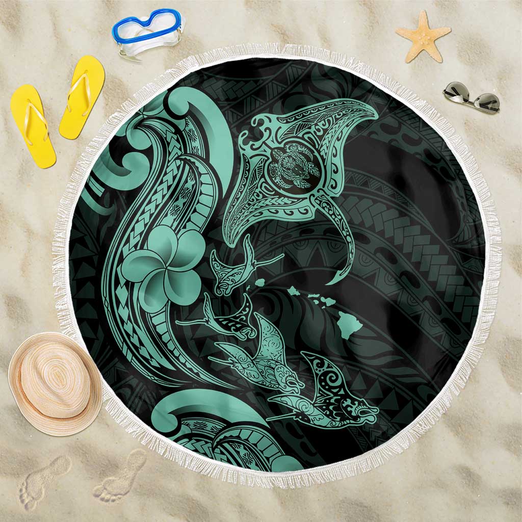 Hawaiian Manta Rays Beach Blanket Tribal Hibiscus Polynesian Tattoos Turquoise Color - Polynesian Pride