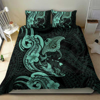 Hawaiian Manta Rays Bedding Set Tribal Hibiscus Polynesian Tattoos Turquoise Color - Polynesian Pride