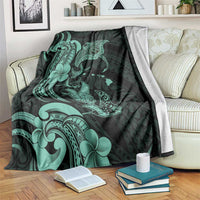 Hawaiian Manta Rays Blanket Tribal Hibiscus Polynesian Tattoos Turquoise Color LT03 Turquoise - Polynesian Pride