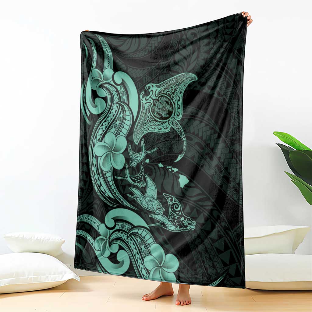 Hawaiian Manta Rays Blanket Tribal Hibiscus Polynesian Tattoos Turquoise Color LT03 - Polynesian Pride