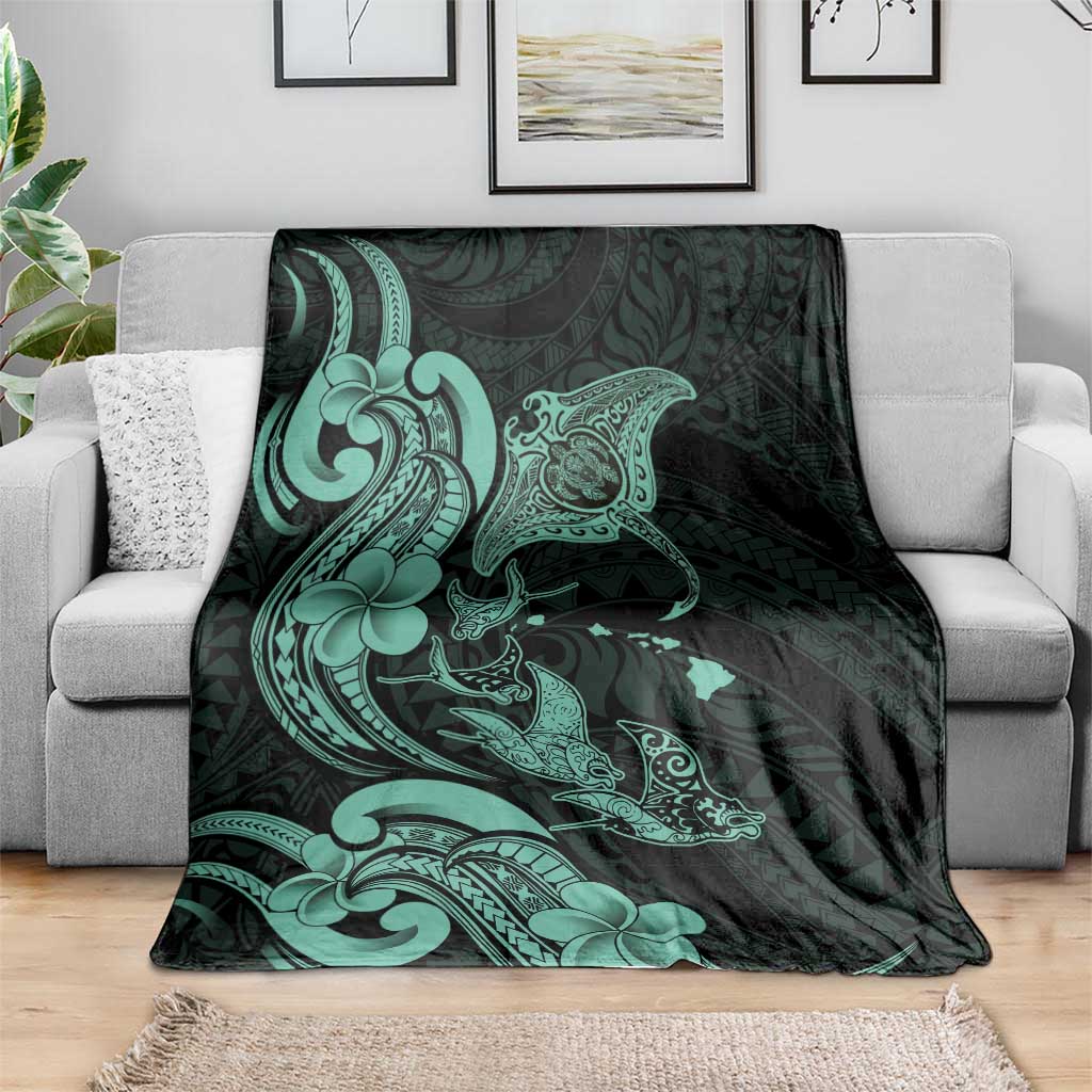 Hawaiian Manta Rays Blanket Tribal Hibiscus Polynesian Tattoos Turquoise Color LT03 - Polynesian Pride