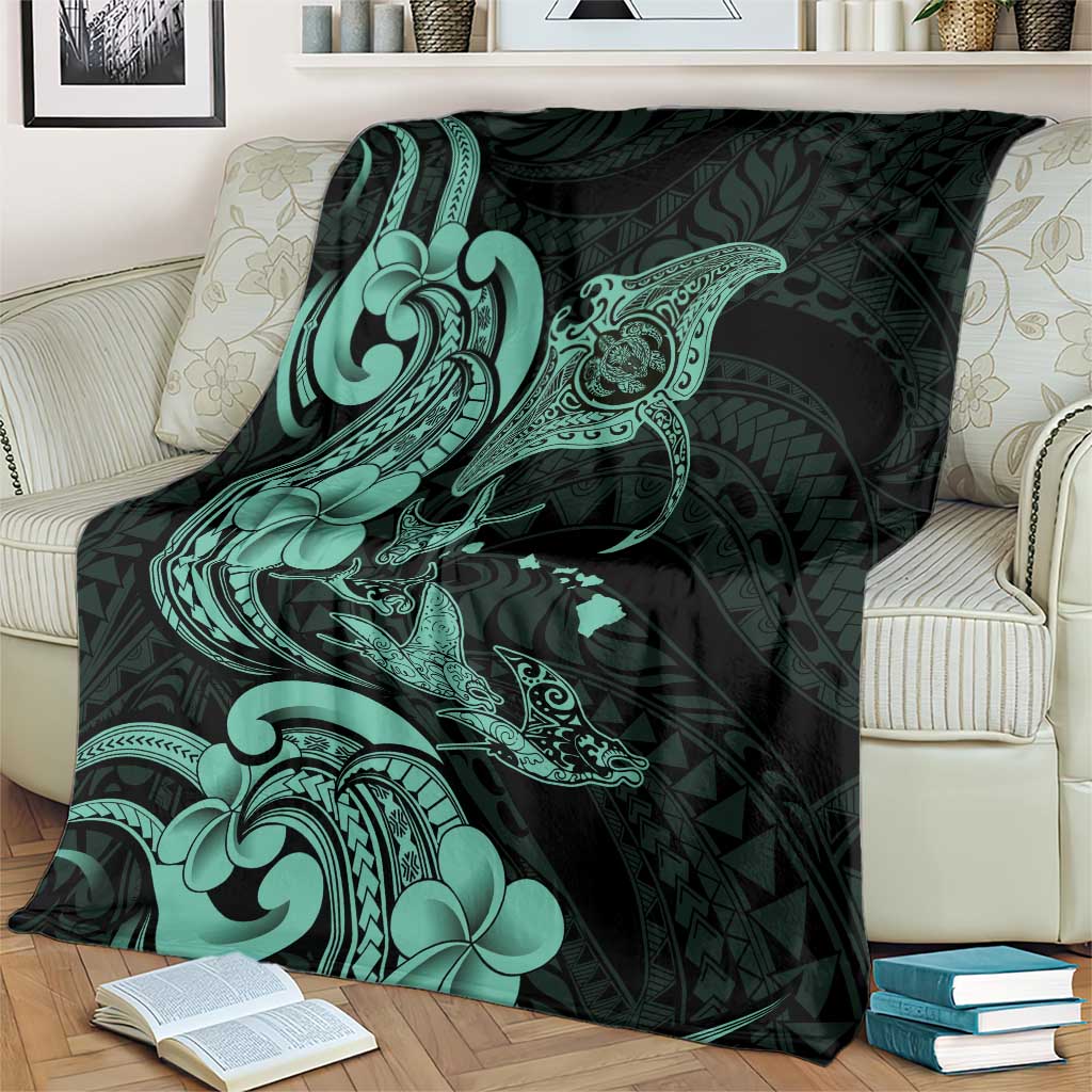 Hawaiian Manta Rays Blanket Tribal Hibiscus Polynesian Tattoos Turquoise Color LT03 - Polynesian Pride