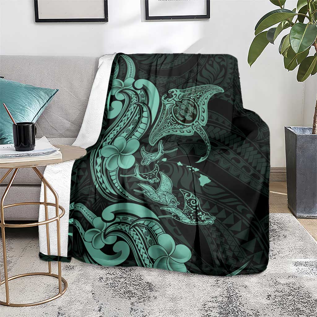 Hawaiian Manta Rays Blanket Tribal Hibiscus Polynesian Tattoos Turquoise Color LT03 - Polynesian Pride