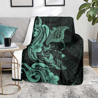 Hawaiian Manta Rays Blanket Tribal Hibiscus Polynesian Tattoos Turquoise Color LT03 - Polynesian Pride