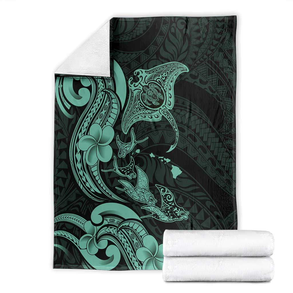 Hawaiian Manta Rays Blanket Tribal Hibiscus Polynesian Tattoos Turquoise Color LT03 - Polynesian Pride