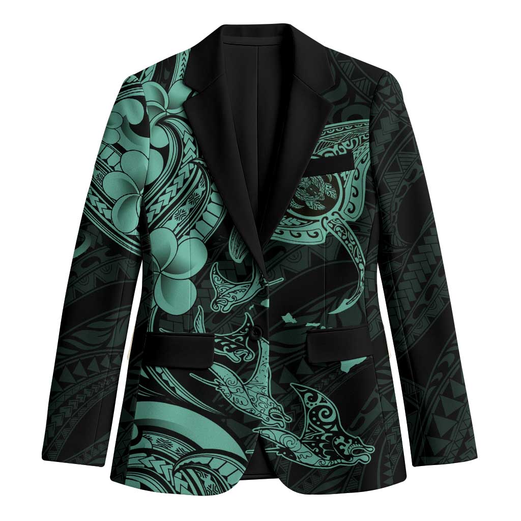 Hawaiian Manta Rays Blazer Tribal Hibiscus Polynesian Tattoos Turquoise Color LT03 Unisex Turquoise - Polynesian Pride
