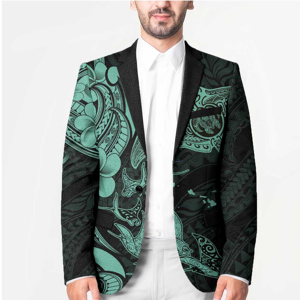 Hawaiian Manta Rays Blazer Tribal Hibiscus Polynesian Tattoos Turquoise Color LT03 - Polynesian Pride