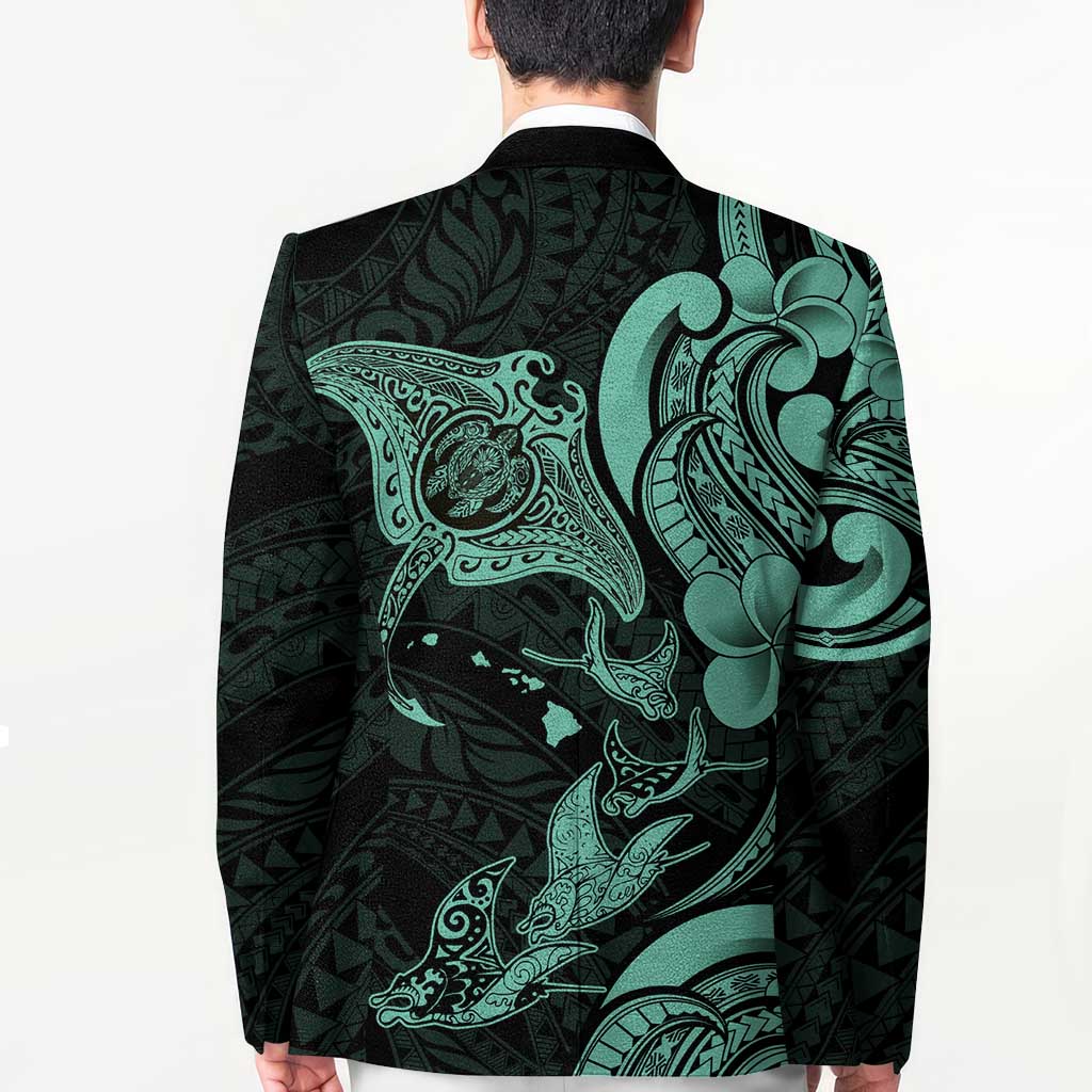 Hawaiian Manta Rays Blazer Tribal Hibiscus Polynesian Tattoos Turquoise Color LT03 - Polynesian Pride