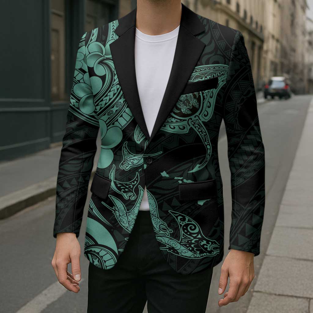 Hawaiian Manta Rays Blazer Tribal Hibiscus Polynesian Tattoos Turquoise Color LT03 - Polynesian Pride