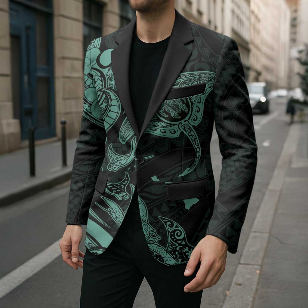 Hawaiian Manta Rays Blazer Tribal Hibiscus Polynesian Tattoos Turquoise Color LT03 - Polynesian Pride