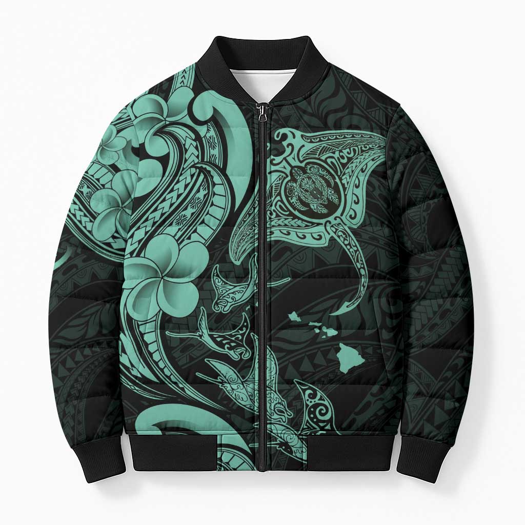 Hawaiian Manta Rays Bomber Puffer Jacket Tribal Hibiscus Polynesian Tattoos Turquoise Color LT03 Unisex Turquoise - Polynesian Pride