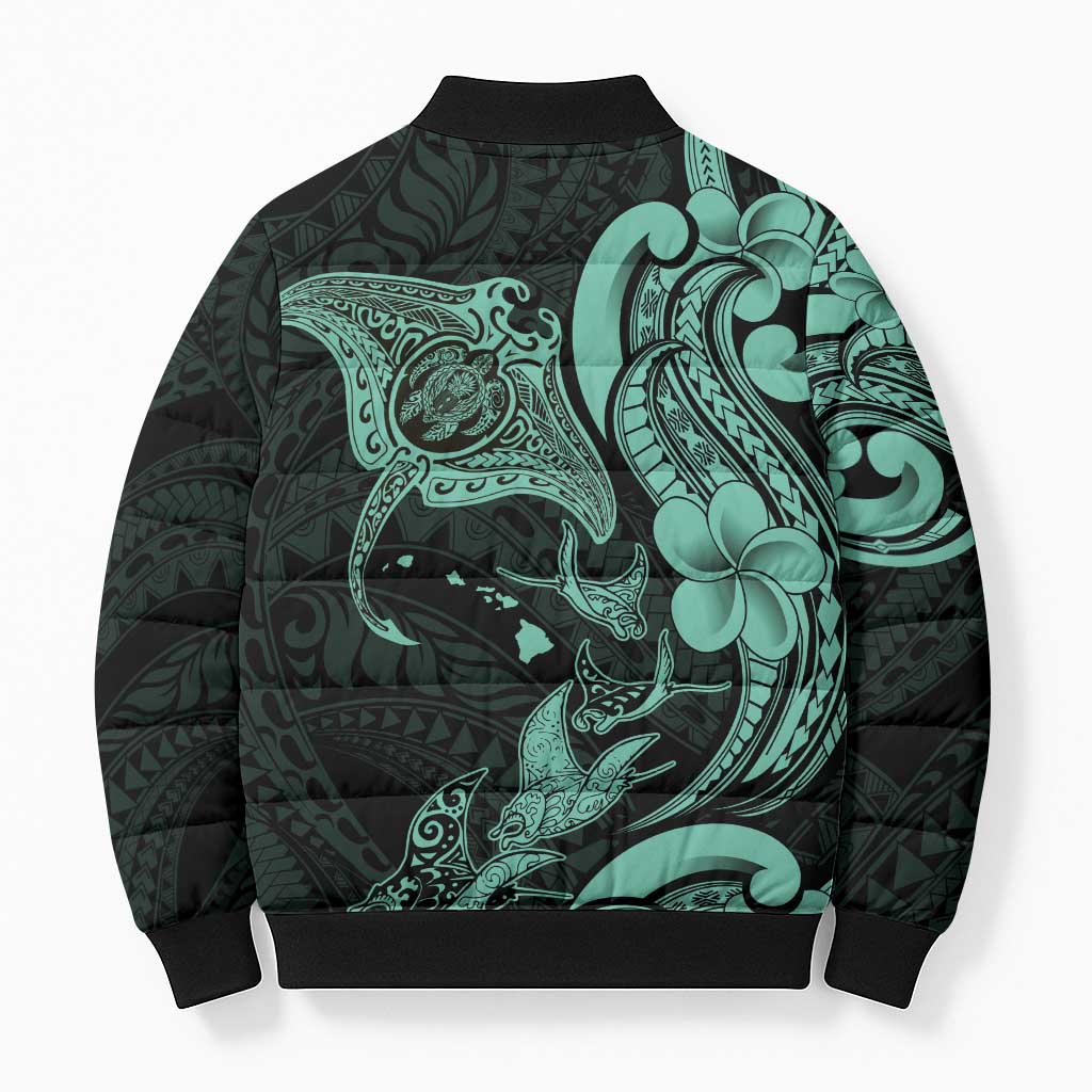 Hawaiian Manta Rays Bomber Puffer Jacket Tribal Hibiscus Polynesian Tattoos Turquoise Color LT03 - Polynesian Pride