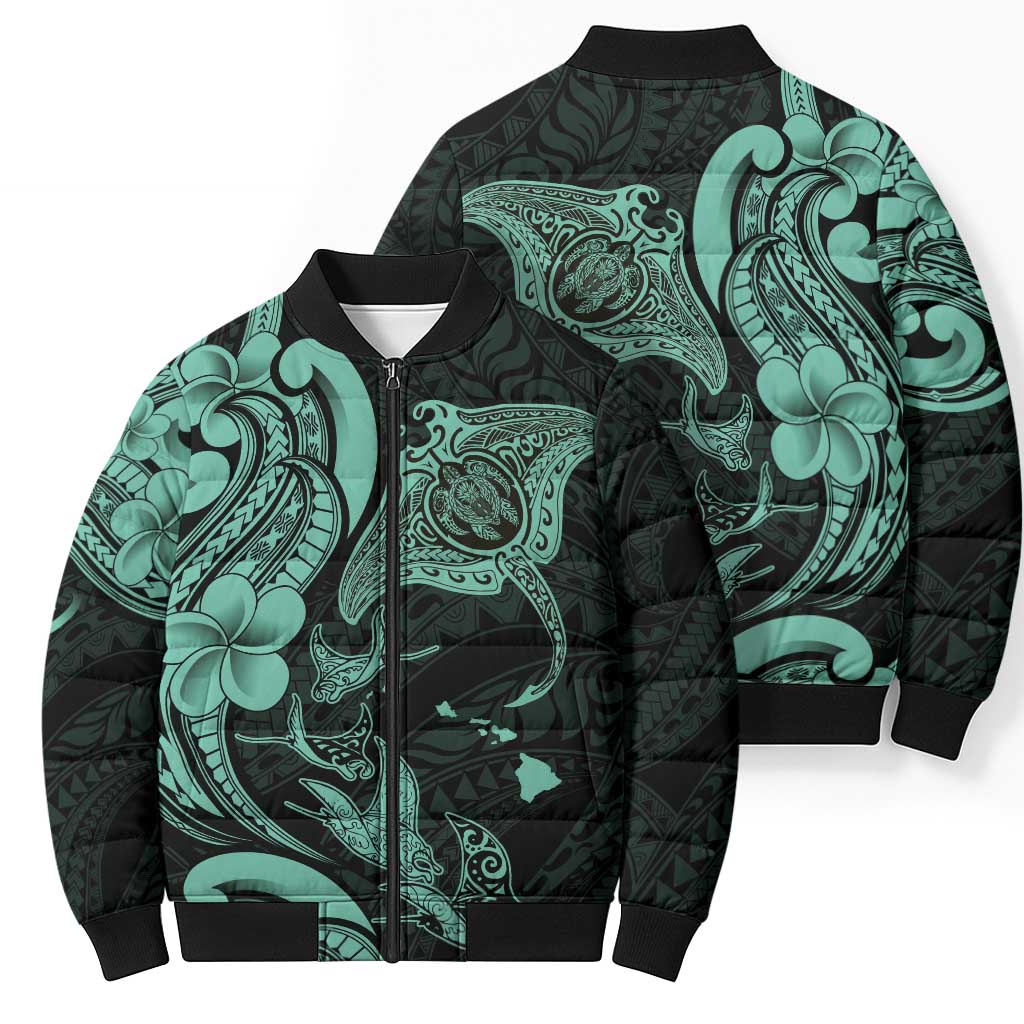 Hawaiian Manta Rays Bomber Puffer Jacket Tribal Hibiscus Polynesian Tattoos Turquoise Color LT03 - Polynesian Pride