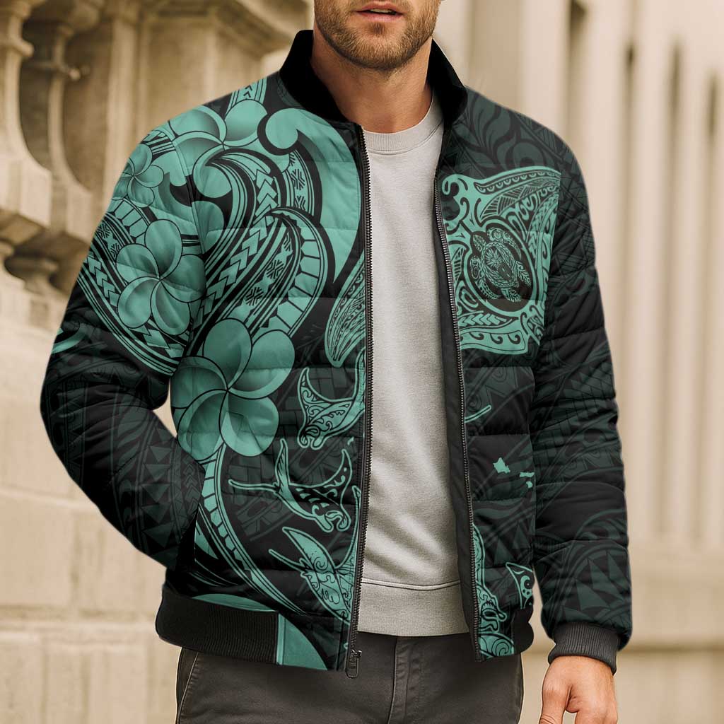 Hawaiian Manta Rays Bomber Puffer Jacket Tribal Hibiscus Polynesian Tattoos Turquoise Color LT03 - Polynesian Pride