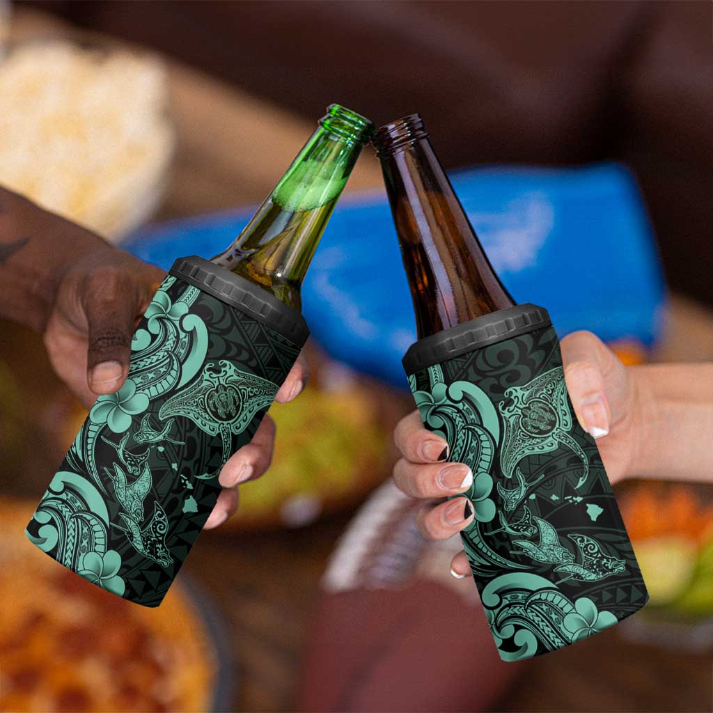 Hawaiian Manta Rays 4 in 1 Can Cooler Tumbler Tribal Hibiscus Polynesian Tattoos Turquoise Color - Polynesian Pride