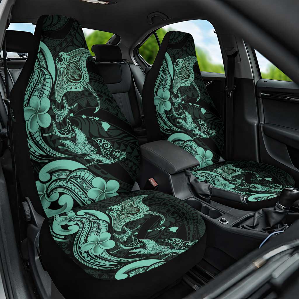 Hawaiian Manta Rays Car Seat Cover Tribal Hibiscus Polynesian Tattoos Turquoise Color - Polynesian Pride