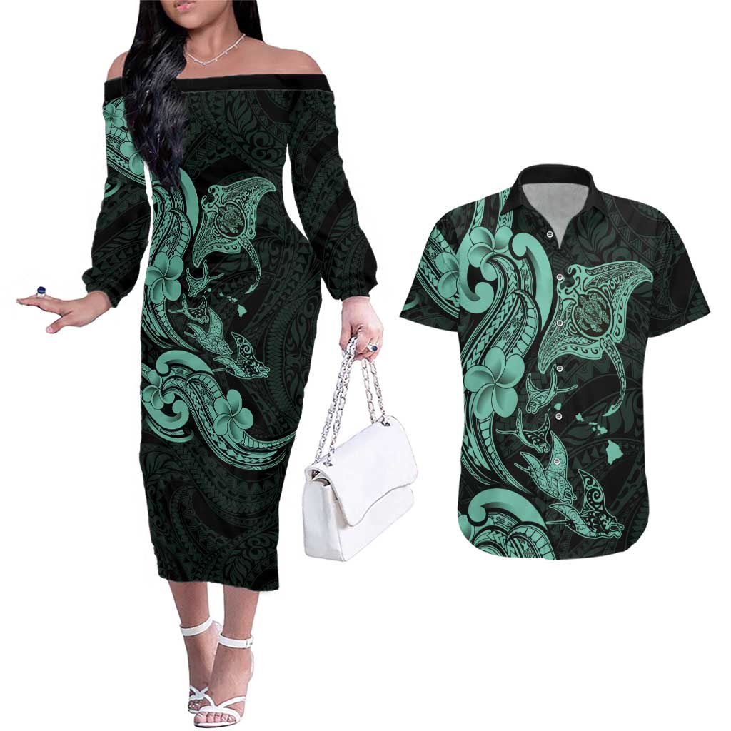 Hawaiian Manta Rays Couples Matching Off The Shoulder Long Sleeve Dress and Hawaiian Shirt Tribal Hibiscus Polynesian Tattoos Turquoise Color - Polynesian Pride