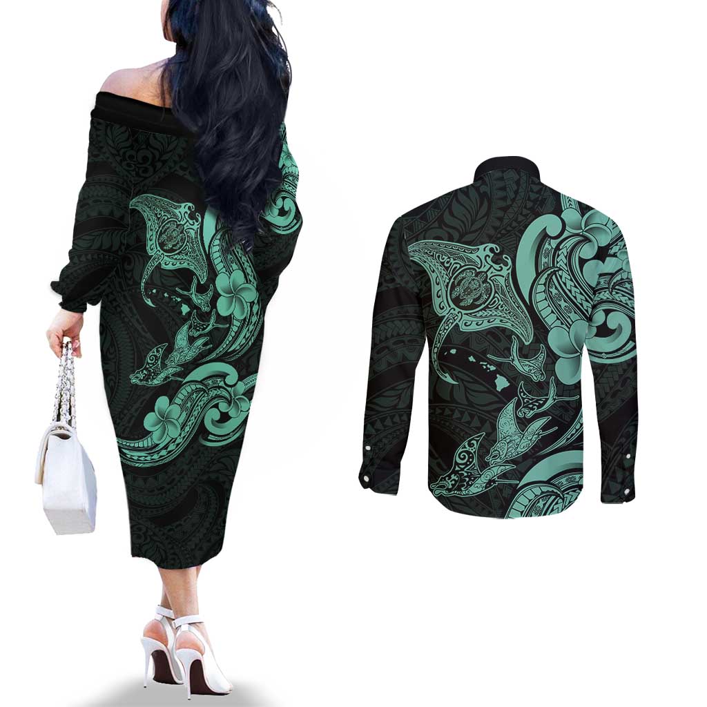 Hawaiian Manta Rays Couples Matching Off The Shoulder Long Sleeve Dress and Long Sleeve Button Shirt Tribal Hibiscus Polynesian Tattoos Turquoise Color - Polynesian Pride
