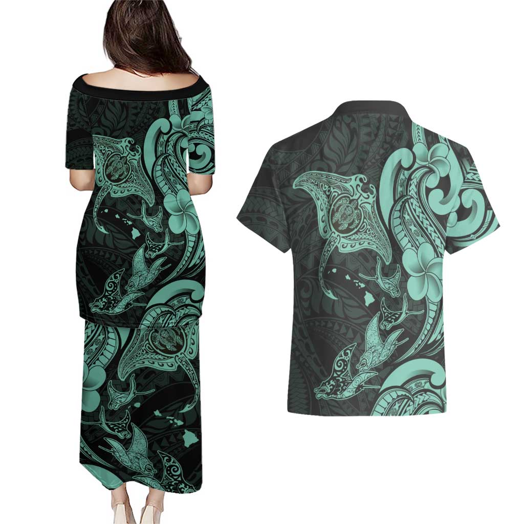 Hawaiian Manta Rays Couples Matching Puletasi and Hawaiian Shirt Tribal Hibiscus Polynesian Tattoos Turquoise Color - Polynesian Pride