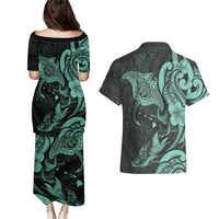 Hawaiian Manta Rays Couples Matching Puletasi and Hawaiian Shirt Tribal Hibiscus Polynesian Tattoos Turquoise Color - Polynesian Pride