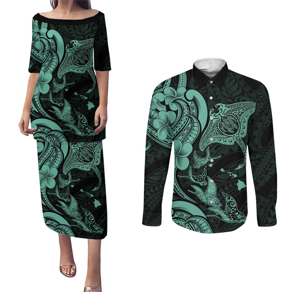Hawaiian Manta Rays Couples Matching Puletasi and Long Sleeve Button Shirt Tribal Hibiscus Polynesian Tattoos Turquoise Color - Polynesian Pride