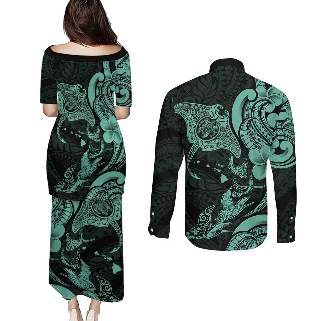 Hawaiian Manta Rays Couples Matching Puletasi and Long Sleeve Button Shirt Tribal Hibiscus Polynesian Tattoos Turquoise Color - Polynesian Pride
