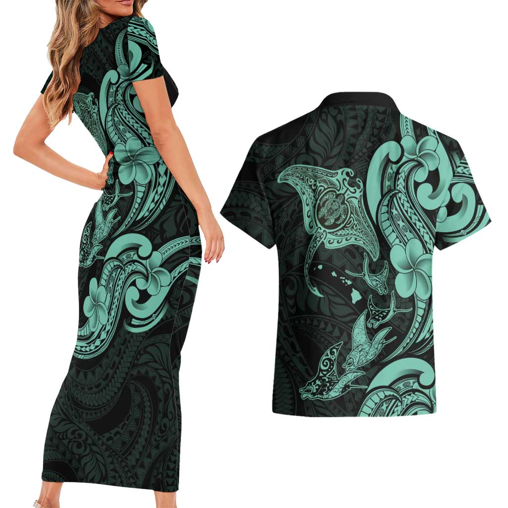 Hawaiian Manta Rays Couples Matching Short Sleeve Bodycon Dress and Hawaiian Shirt Tribal Hibiscus Polynesian Tattoos Turquoise Color - Polynesian Pride